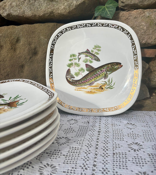 Assiettes décor poisson Longchamp années 70 vintage  