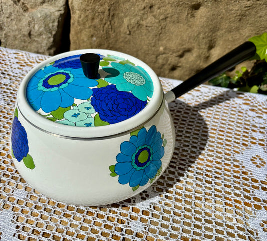 Caquelon vintage années 70 Flower Power fleurs bleues 