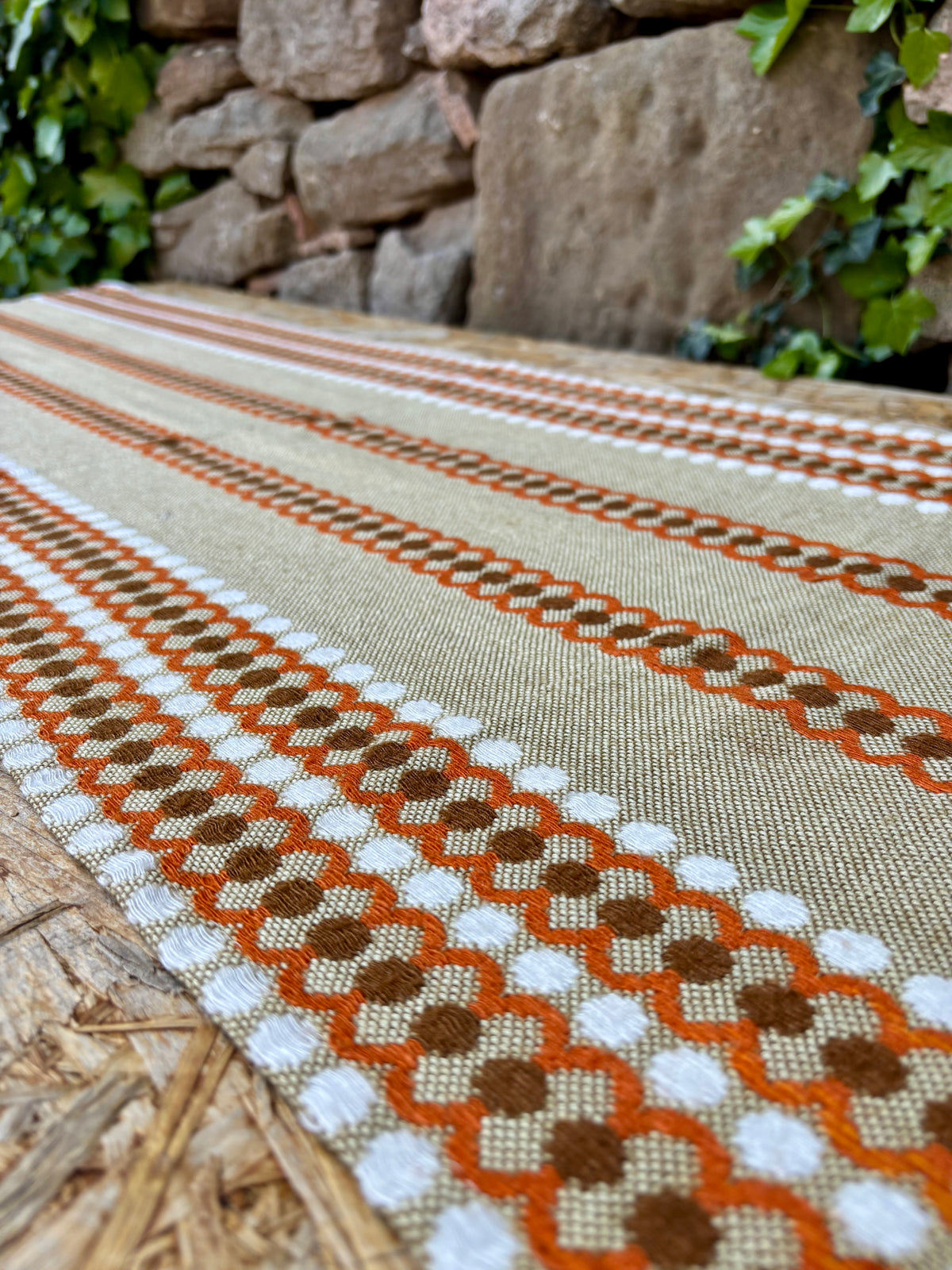 Chemin de table tenture coton vintage années 70 seventies orange marron 