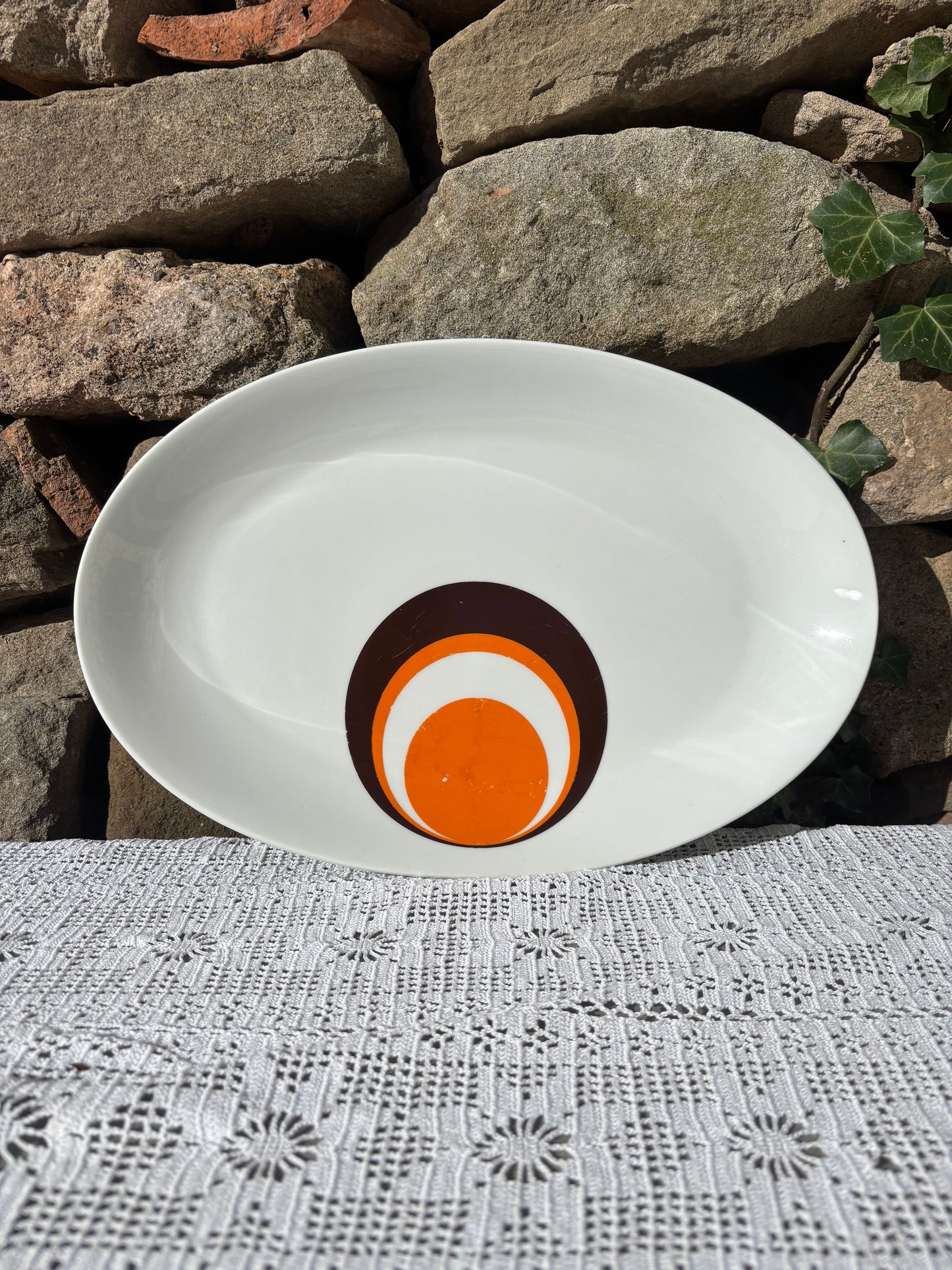 Plat Winterling Bavaria années 70 porcelaine psychedelique orange marron flower power