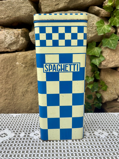 Boîte métallique décorative spaghettis damier bleu 