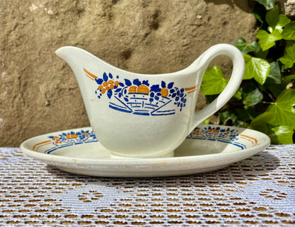 Saucière vintage K&G Luneville Keller & Guerin Paule décor Orange et bleu