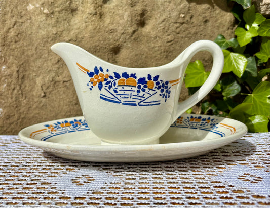 Saucière vintage K&G Luneville Keller & Guerin Paule décor Orange et bleu