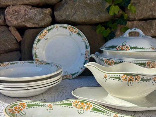 Service vintage Longwy fin 1800 vert orange soupière saucière assiettes 