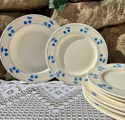 Service assiettes dessert vintage décor fruits cerises bleues années 50